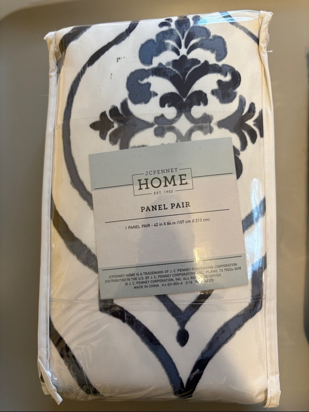 Jcpenney Home White and Navy Damask Curtain Panel Pair qty 2 pairs